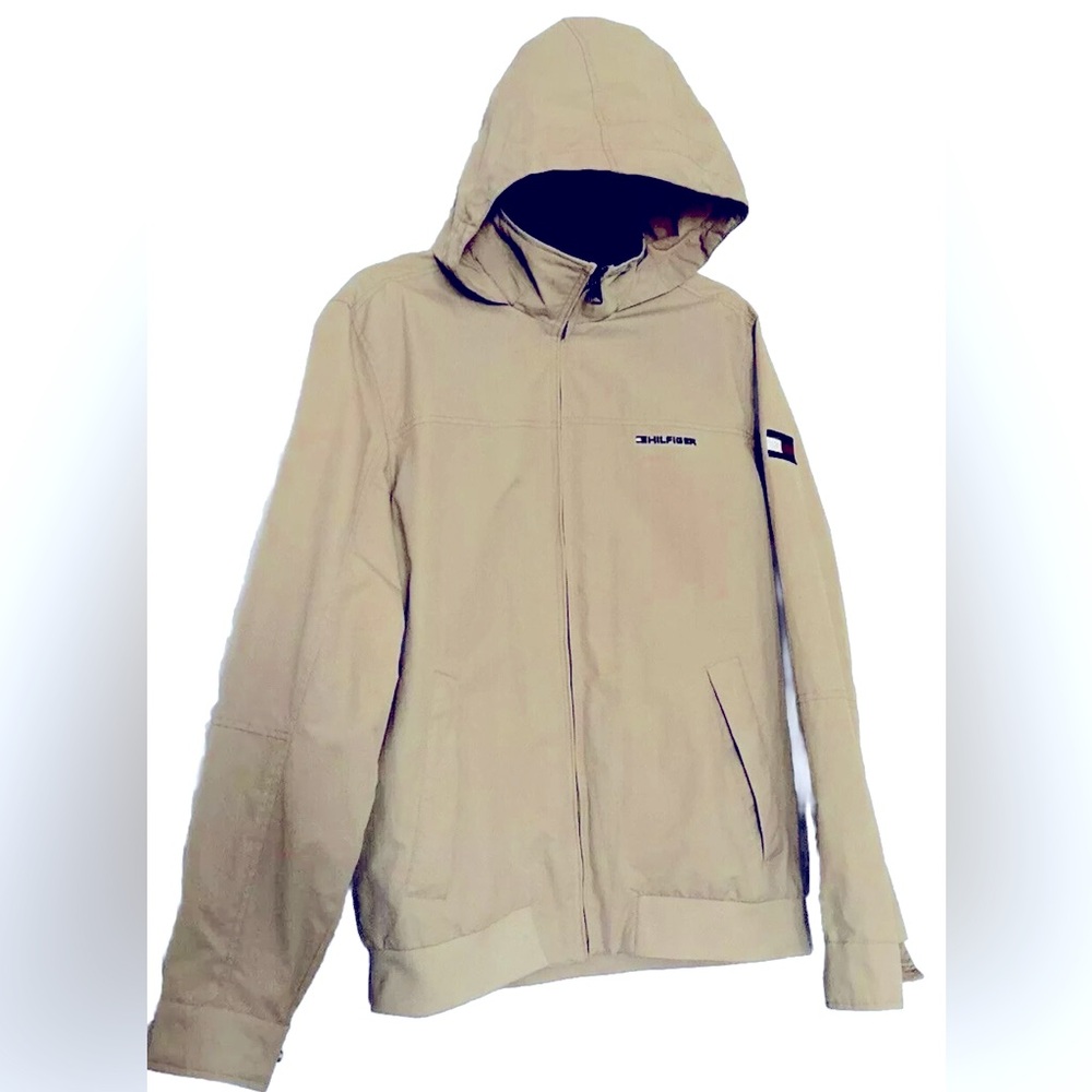Tommy Hilfiger Tan Windbreaker Zip Lined Pocket Packable Hood Jacket Men’s Med